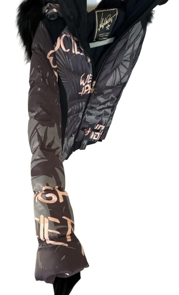 High Society Ski Jacket Faux Fur Size 38 Black Print 12