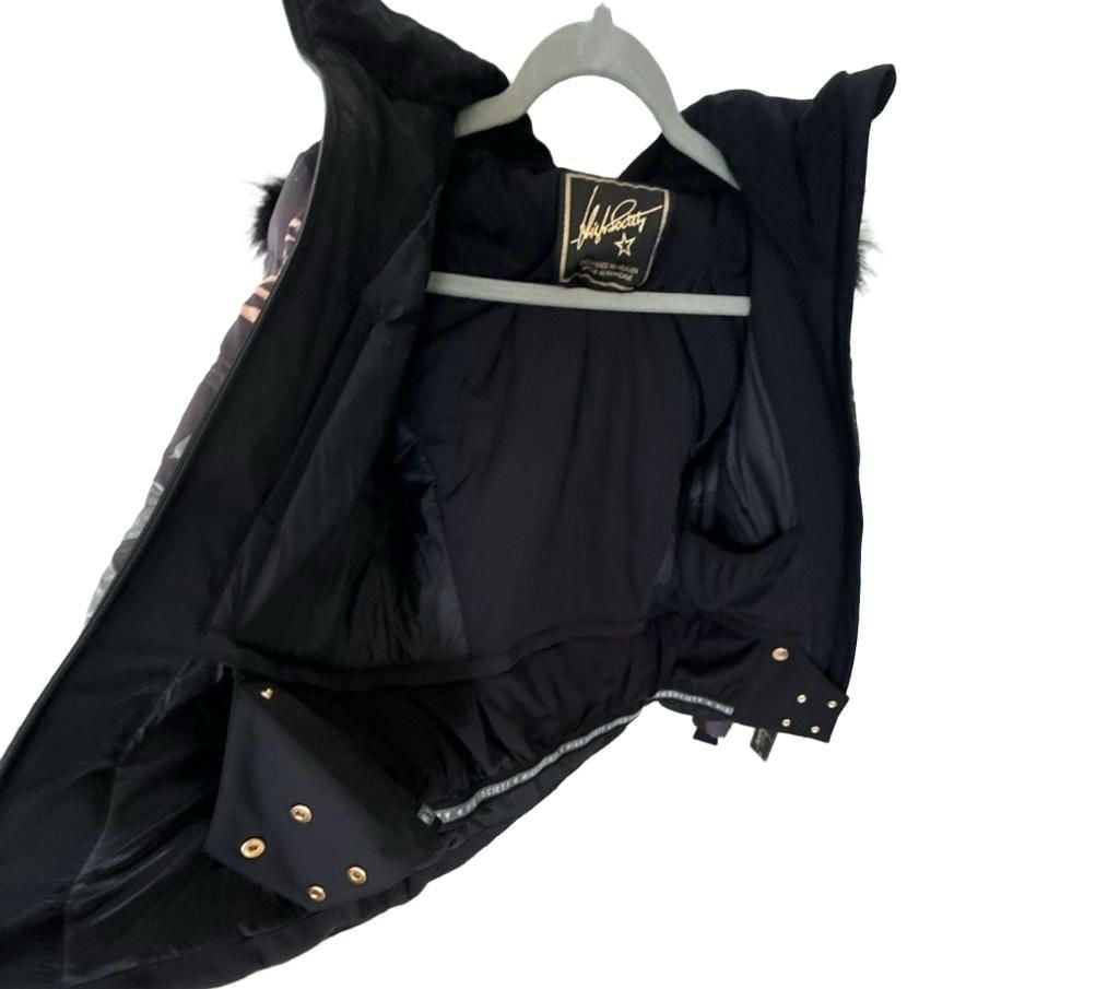 High Society Ski Jacket Faux Fur Size 38 Black Print 13