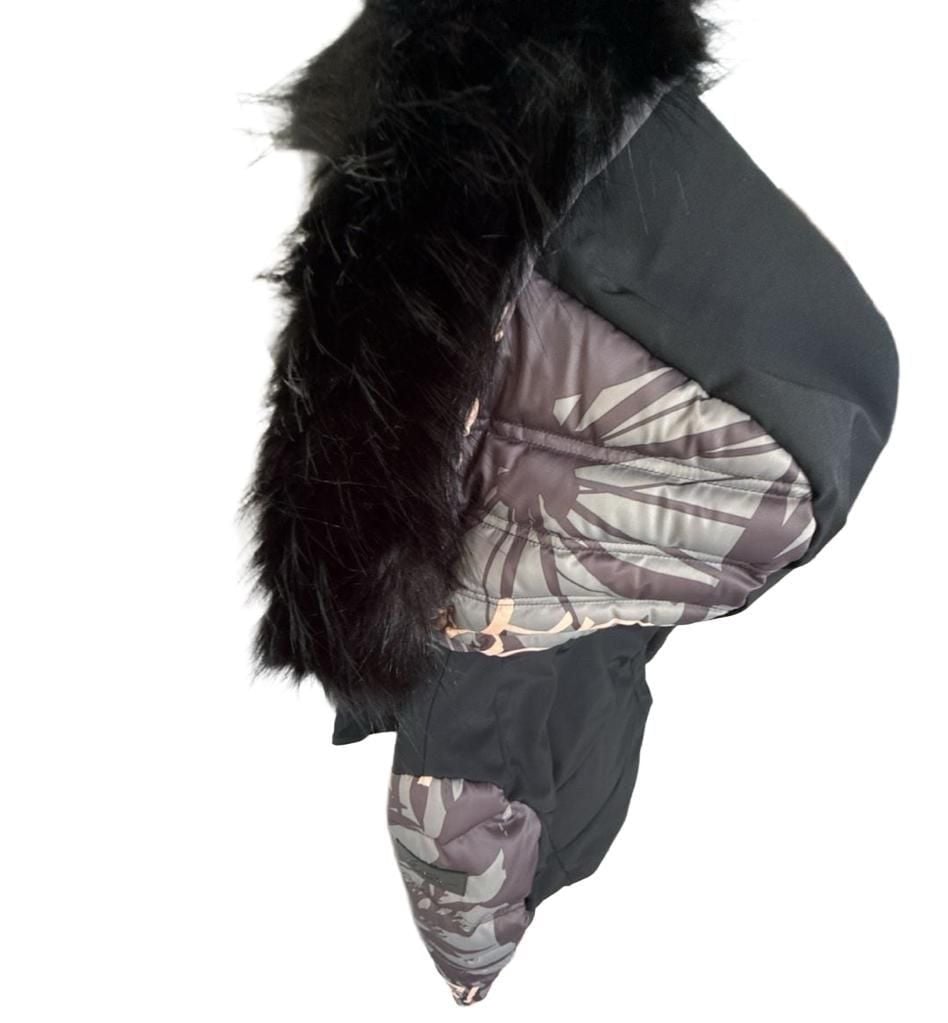 High Society Ski Jacket Faux Fur Size 38 Black Print 18