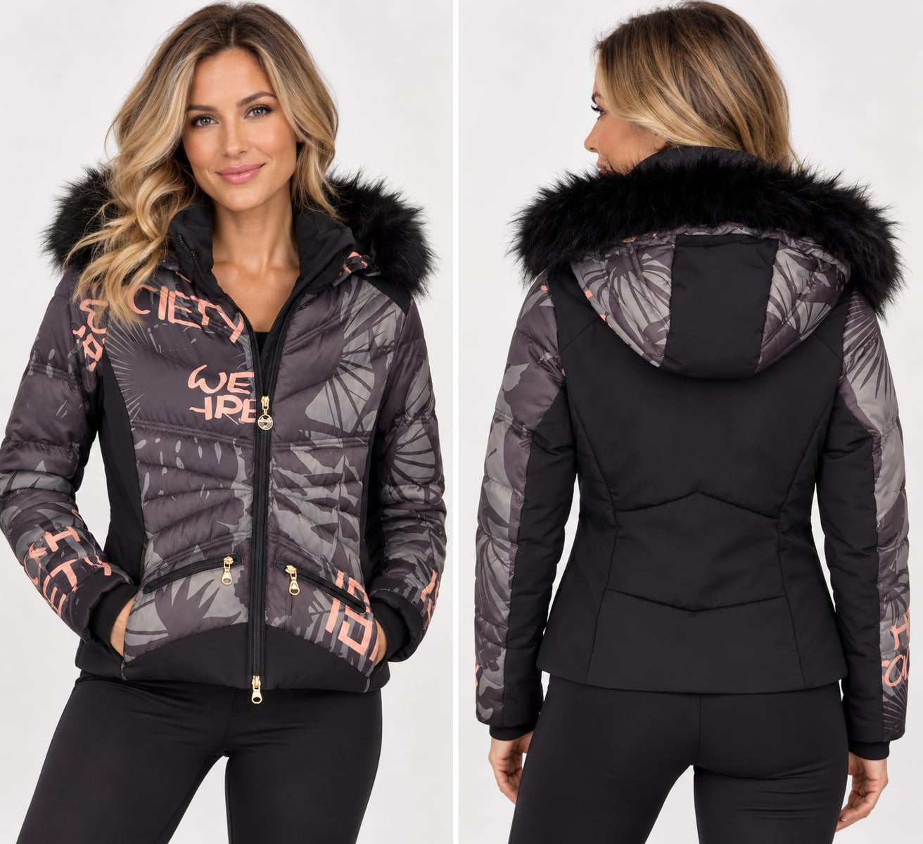 High Society Ski Jacket Faux Fur Size 38 Black Print 2
