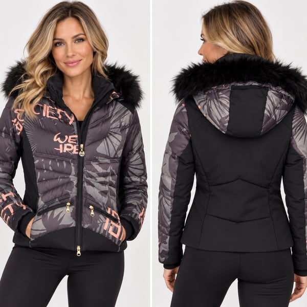 High Society Ski Jacket Faux Fur Size 38 Black Print