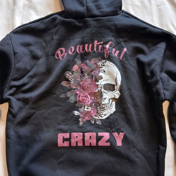 Beautiful Crazy Skull Floral Hoodie Size L Black Pullover Sweatshirt