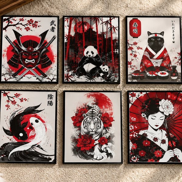 Japanese Art Canvas Wall Art Prints Set of 6 Red Black Decor