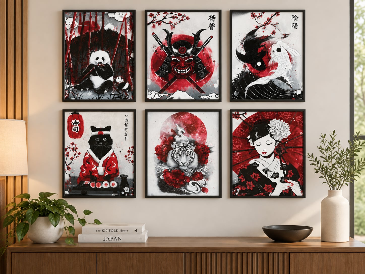 Japanese Art Canvas Wall Art Prints Set of 6 Red Black Decor 8