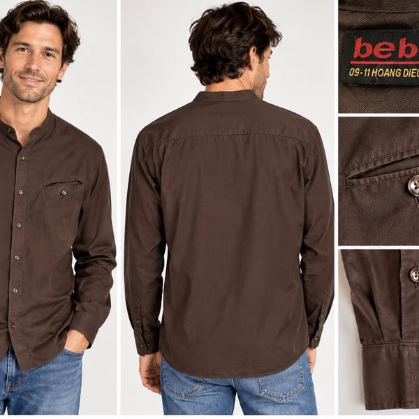 Bebe Tailor Long Sleeve Button Up Mandarin Collar Shirt Brown