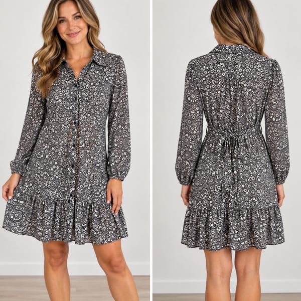 Boden Long Sleeve Flippy Mini Dress US 6L Black White Dotty Daisy