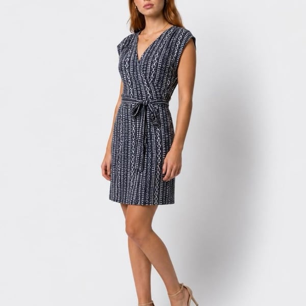 Tory Burch Blue and White Printed Silk Sleeveless Wrap Dress Size L