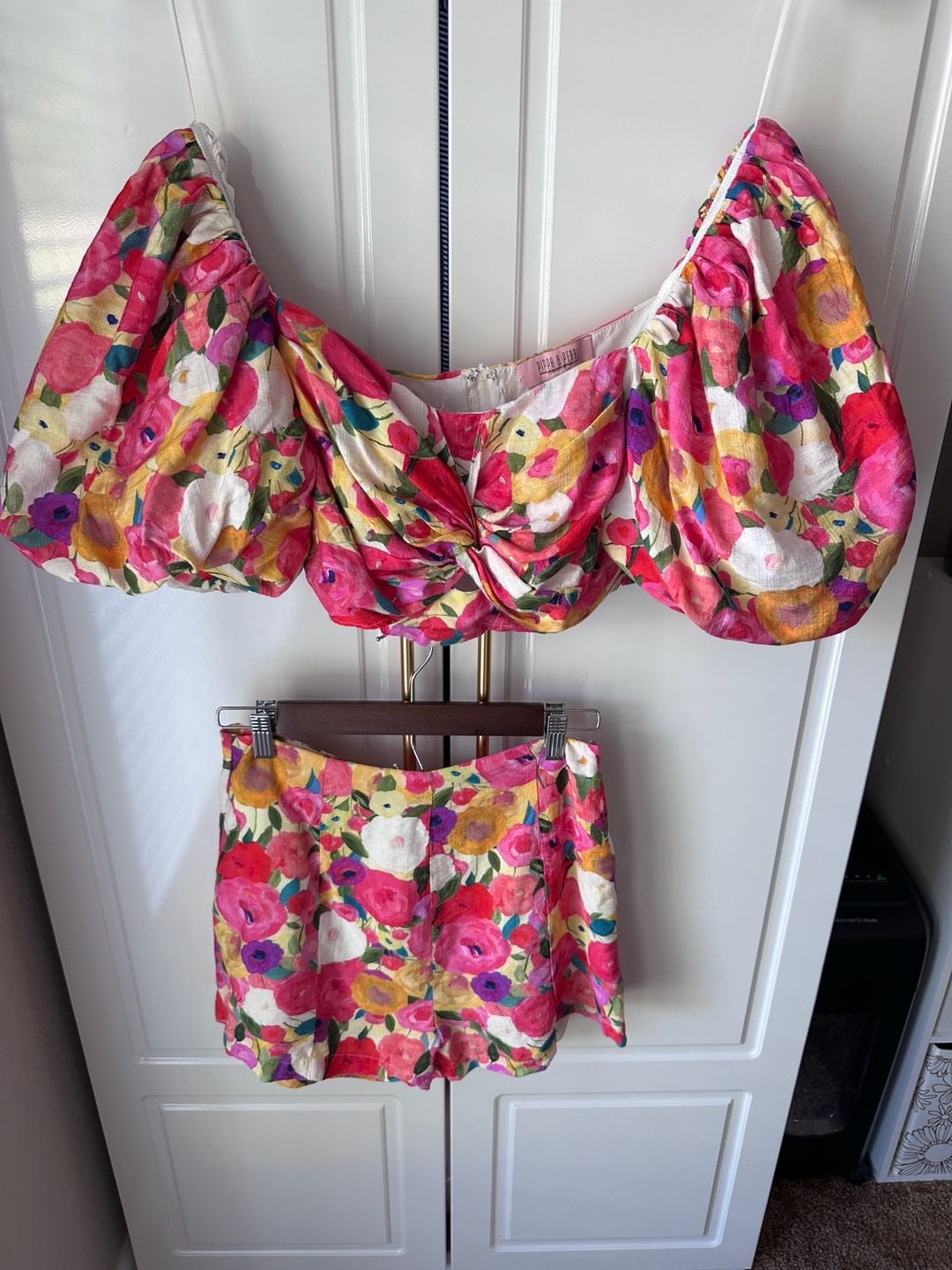 Pippa & Pearl Garden Party Puff Sleeve Short Set Size M Floral Crop Top 2