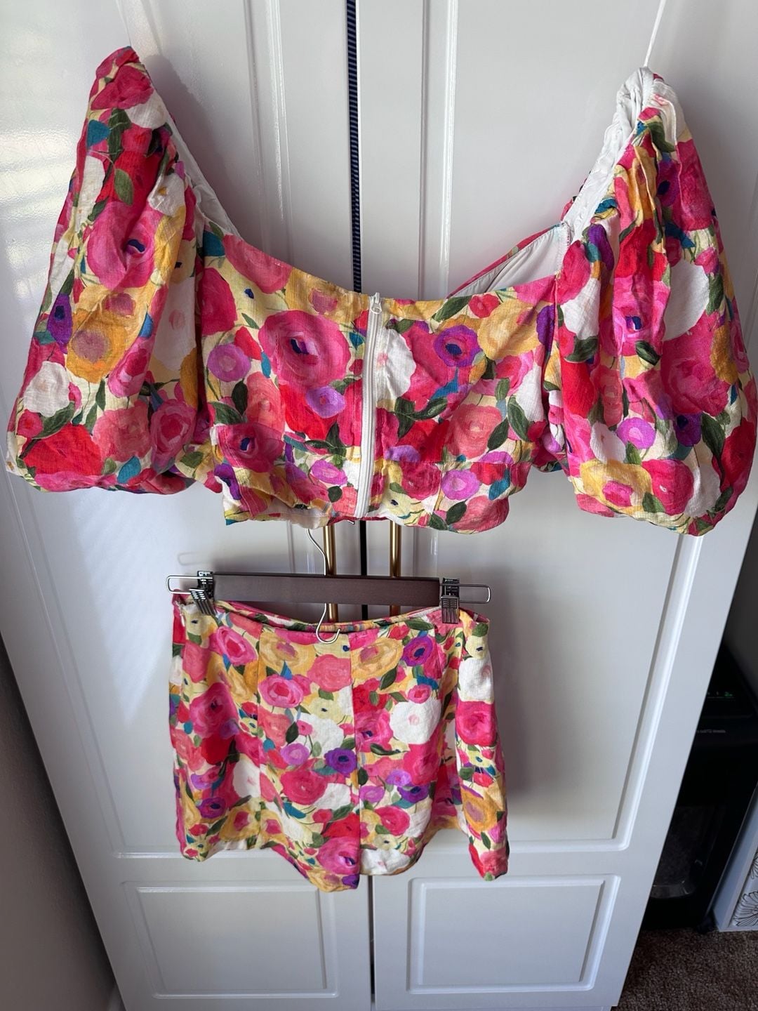 Pippa & Pearl Garden Party Puff Sleeve Short Set Size M Floral Crop Top 3