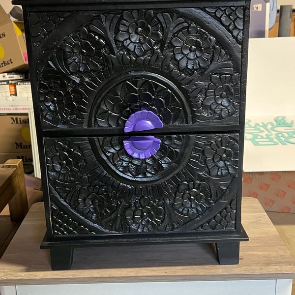 Refinished Black Floral Accent Cabinet / 2-Drawer Storage Piece