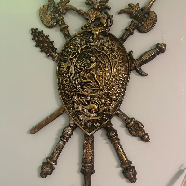 Vintage Cast Metal Medieval Coat of Arms Shield Wall Plaque Japan
