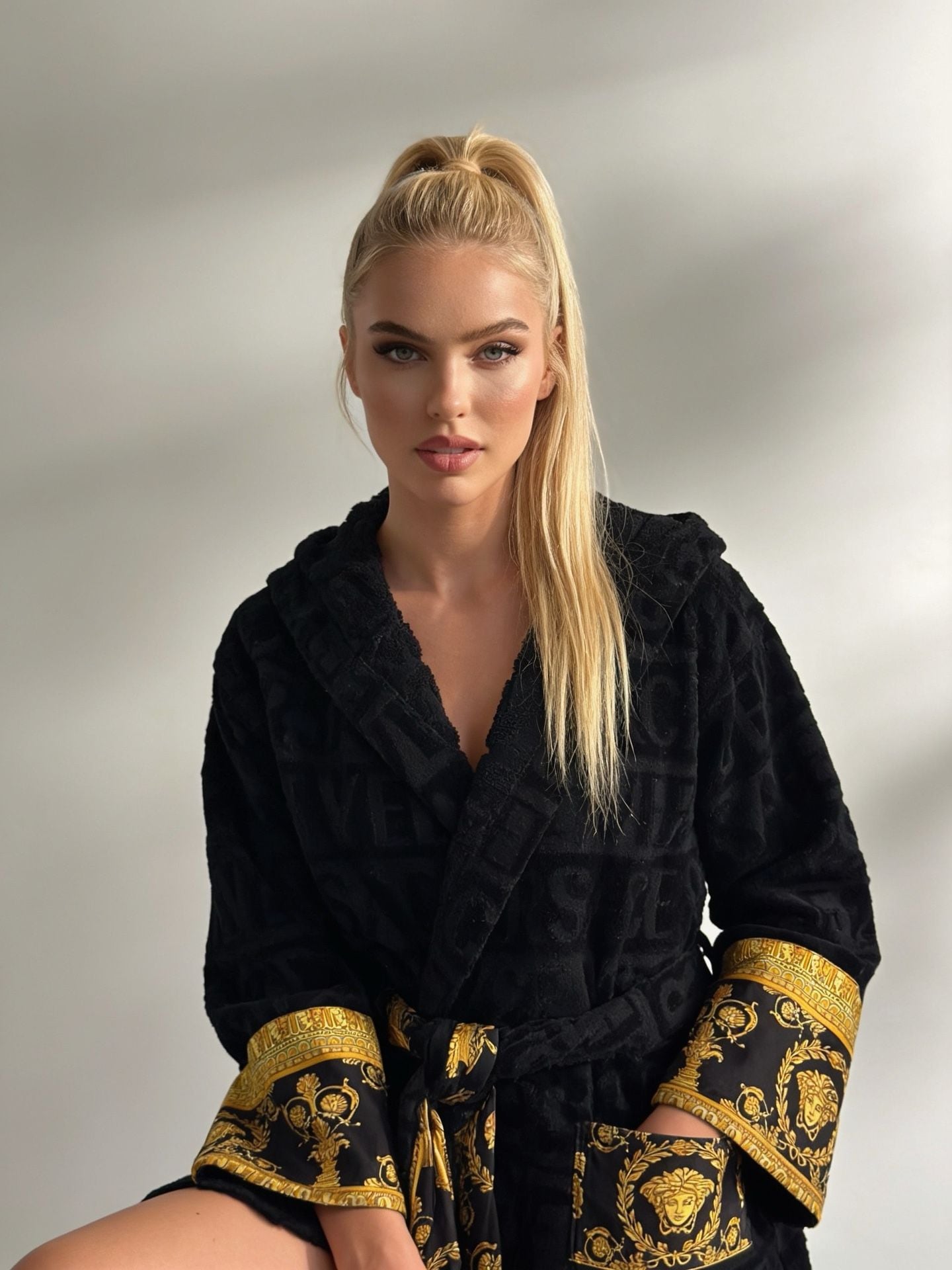 Versace I Heart Baroque Short Hooded Bathrobe Black Gold 2