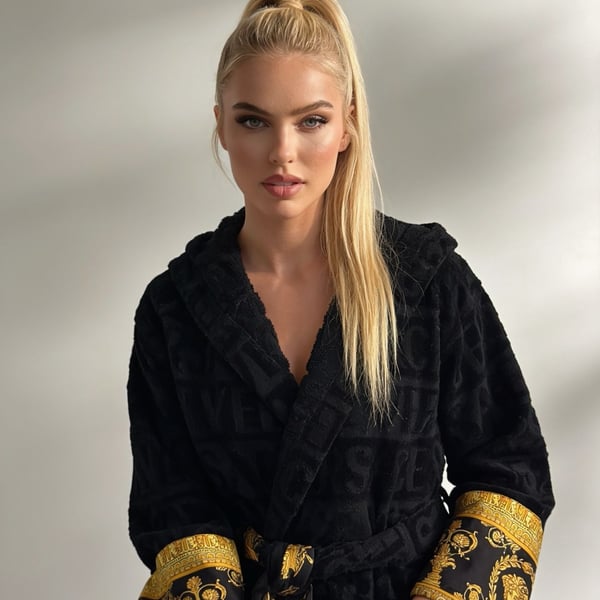 Versace I Heart Baroque Short Hooded Bathrobe Black Gold