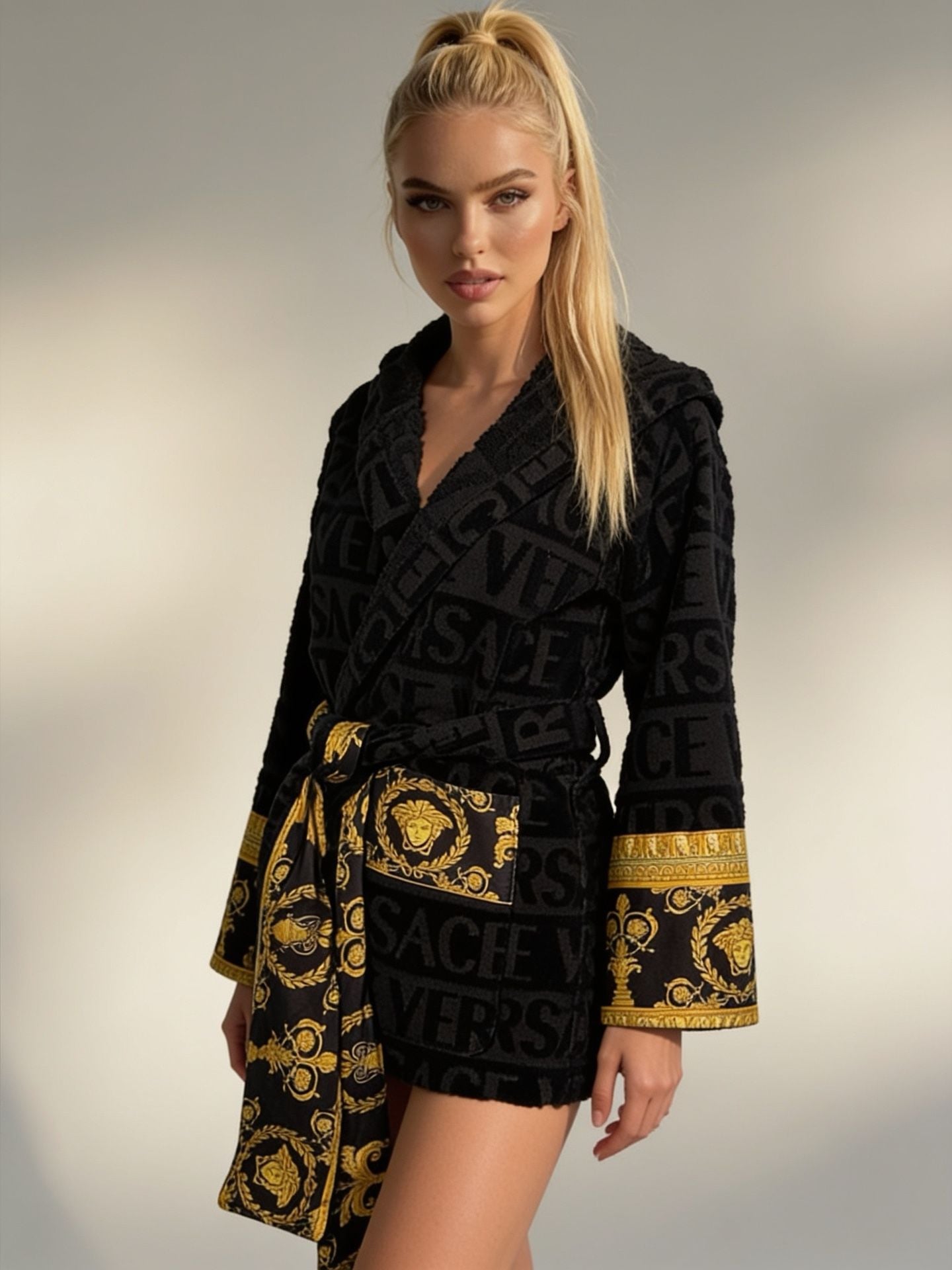 Versace I Heart Baroque Short Hooded Bathrobe Black Gold 4