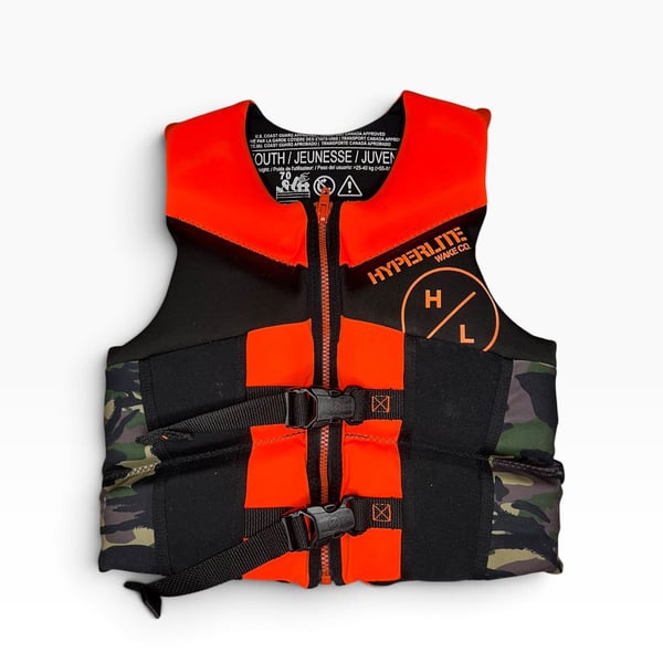 Hyperlite Wake Co. Indy Youth Life Vest Size Youth Camo Orange