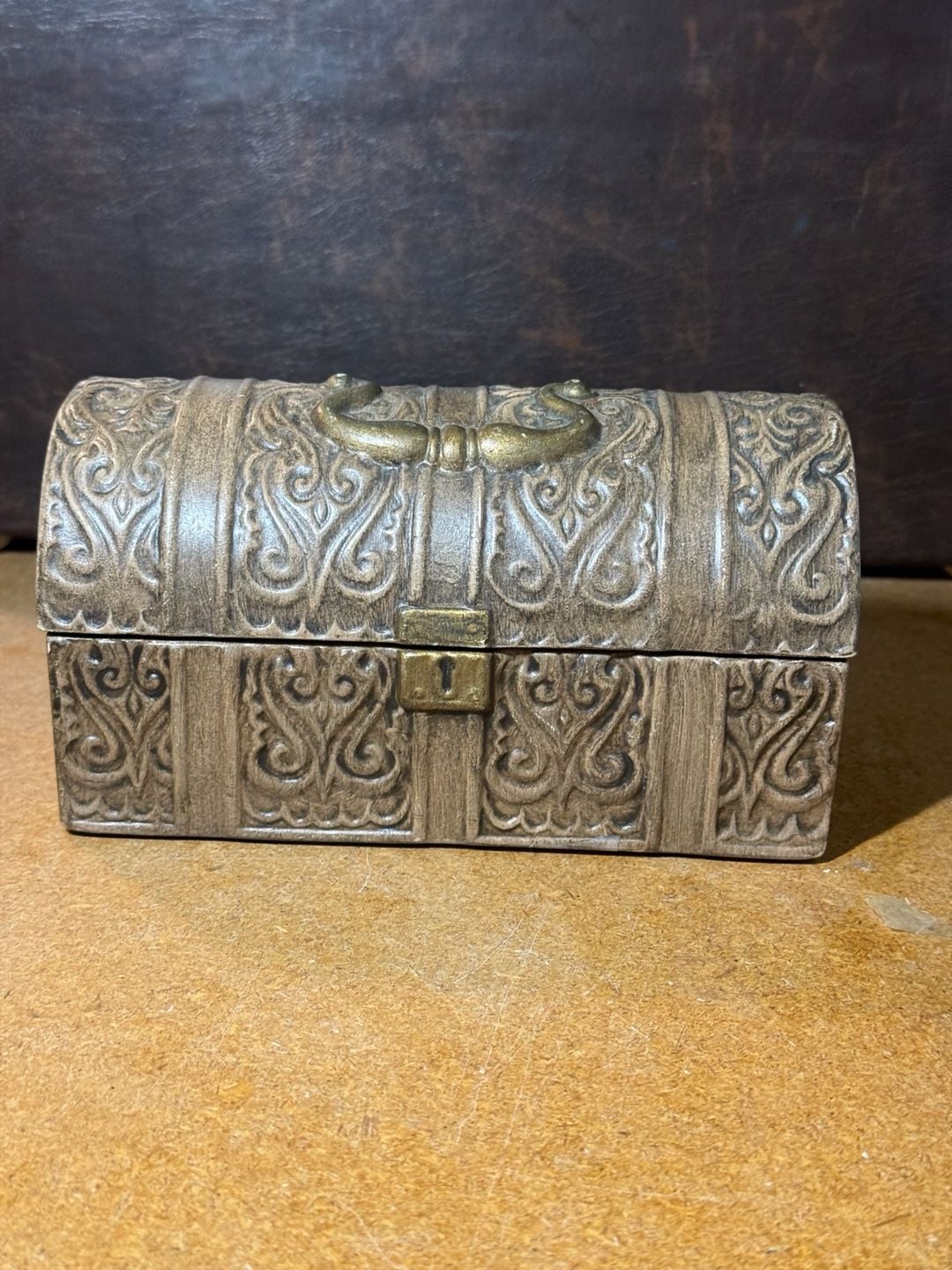 Vintage Metal Trinket Box Treasure Chest Distressed Scrollwork Jewelry Box 1