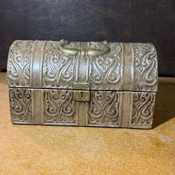 Vintage Metal Trinket Box Treasure Chest Distressed Scrollwork Jewelry Box