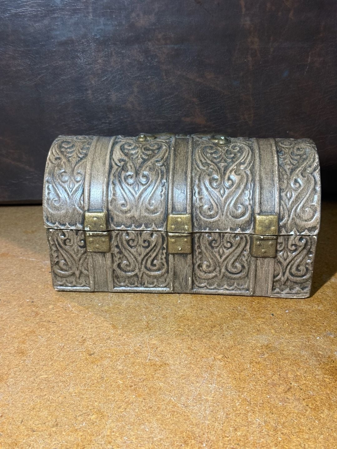 Vintage Metal Trinket Box Treasure Chest Distressed Scrollwork Jewelry Box 4