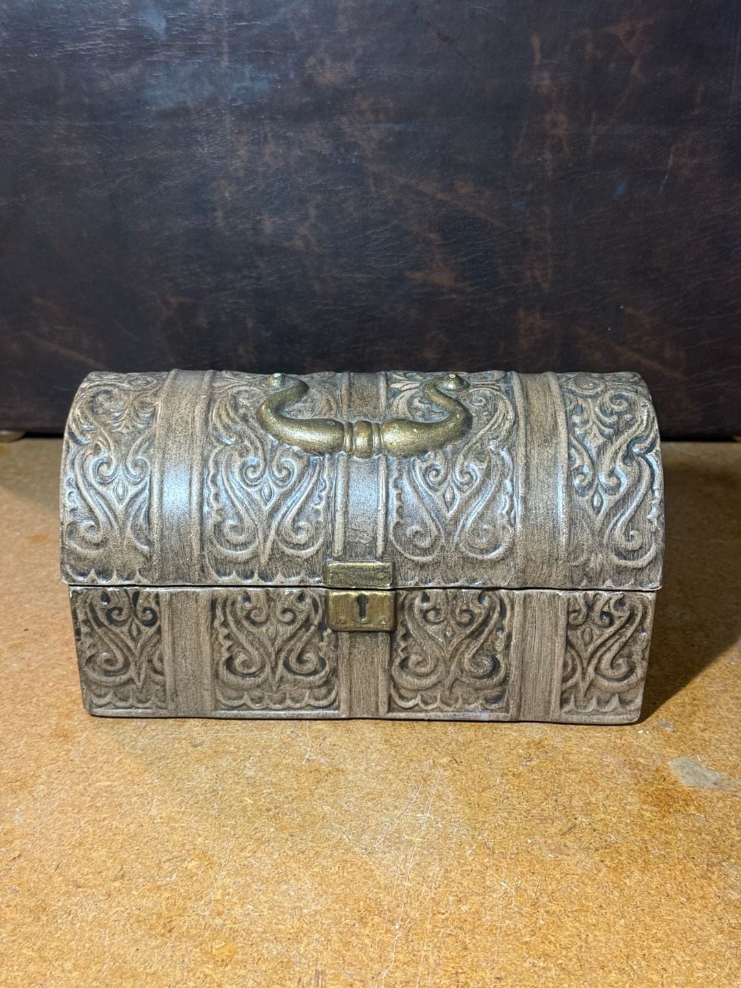Vintage Metal Trinket Box Treasure Chest Distressed Scrollwork Jewelry Box 6