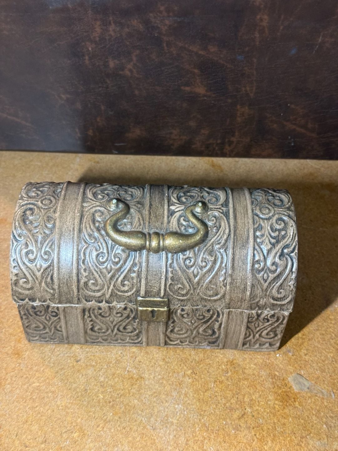 Vintage Metal Trinket Box Treasure Chest Distressed Scrollwork Jewelry Box 7