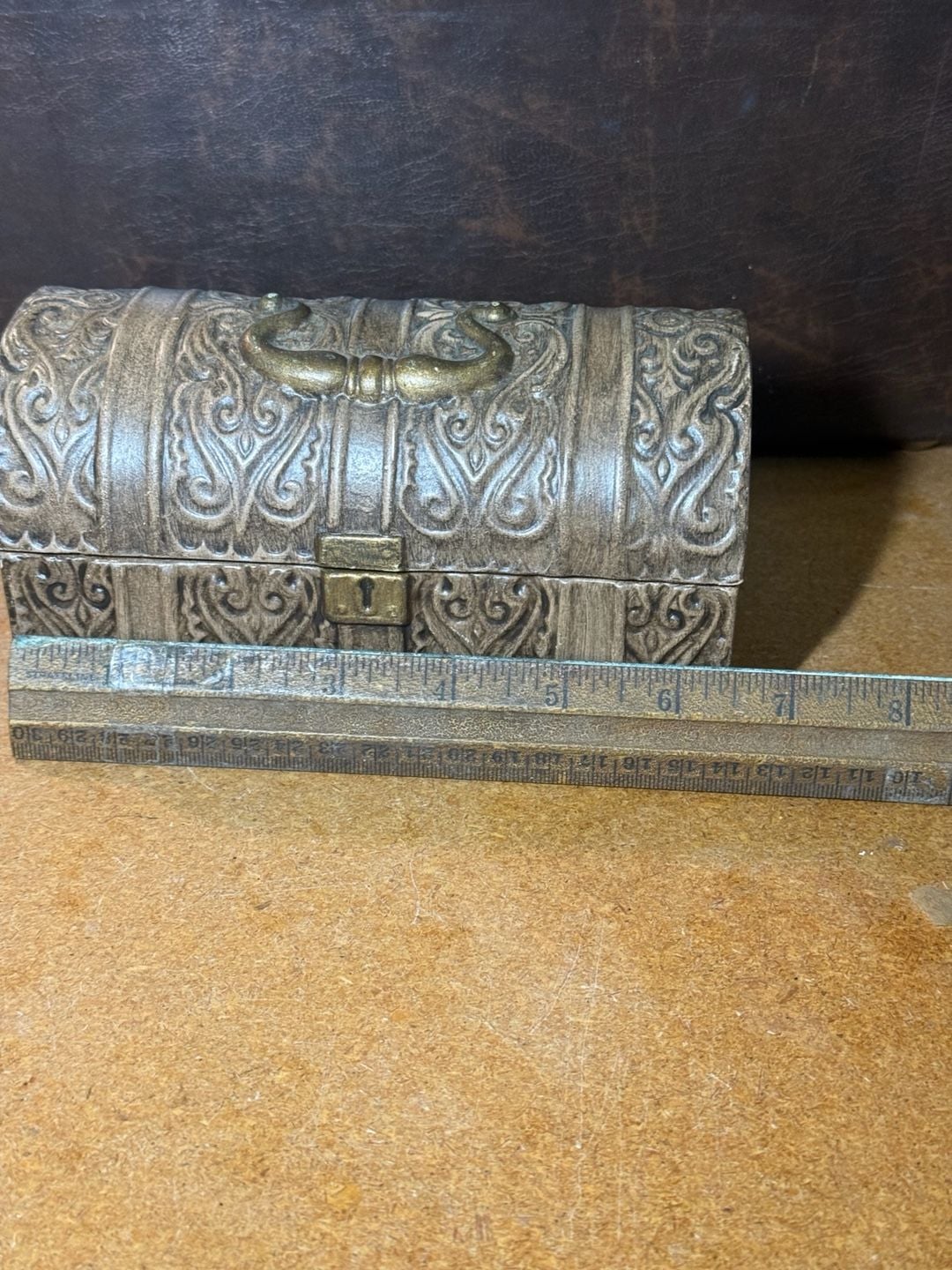 Vintage Metal Trinket Box Treasure Chest Distressed Scrollwork Jewelry Box 11