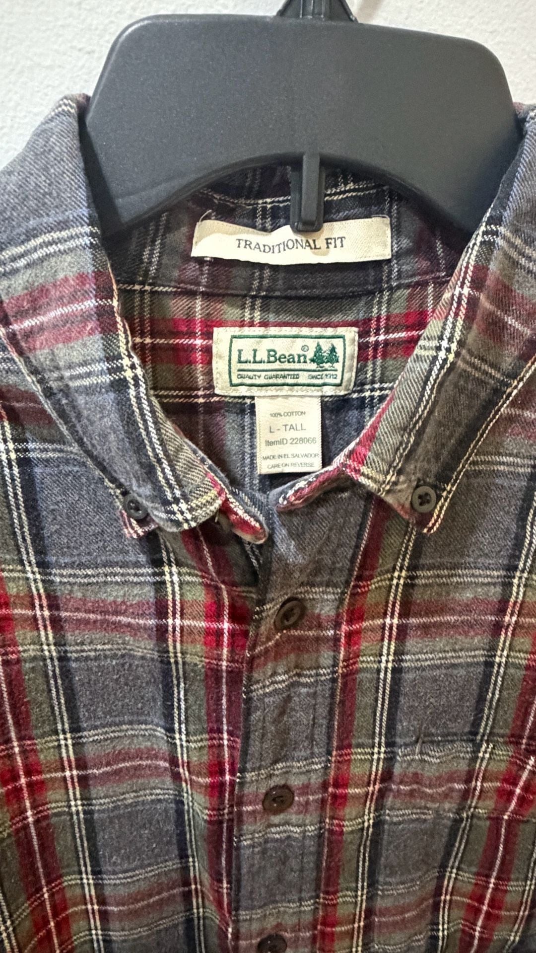 L.L. Bean Flannel Shirt Size L-Tall Gray Plaid 100% cotton 3