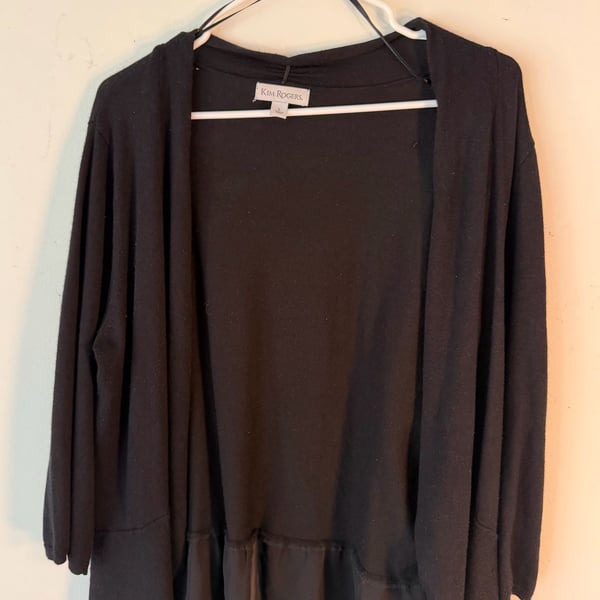 Kim Rogers Open Front Cardigan Size L Black Chiffon Hem