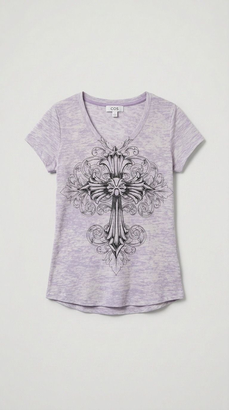 Y2K Lock & Love Cross and Wings Graphic V-Neck T-Shirt Size M Purple 2
