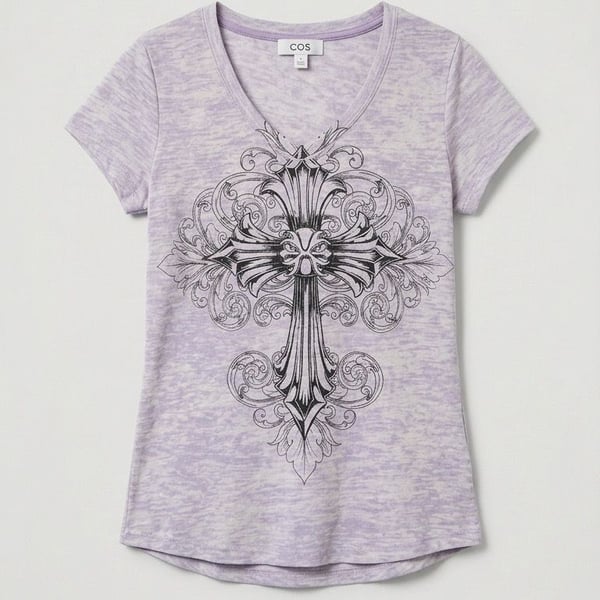 Y2K Lock & Love Cross and Wings Graphic V-Neck T-Shirt Size M Purple