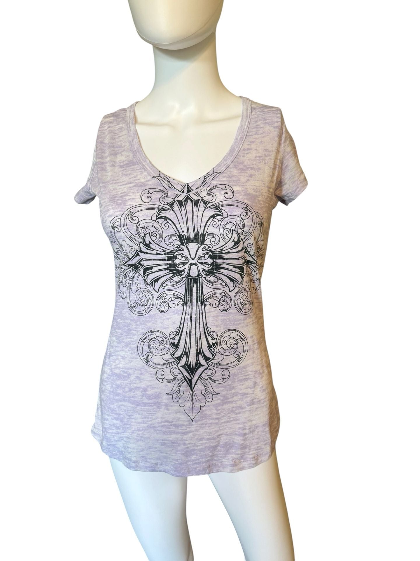 Y2K Lock & Love Cross and Wings Graphic V-Neck T-Shirt Size M Purple 3