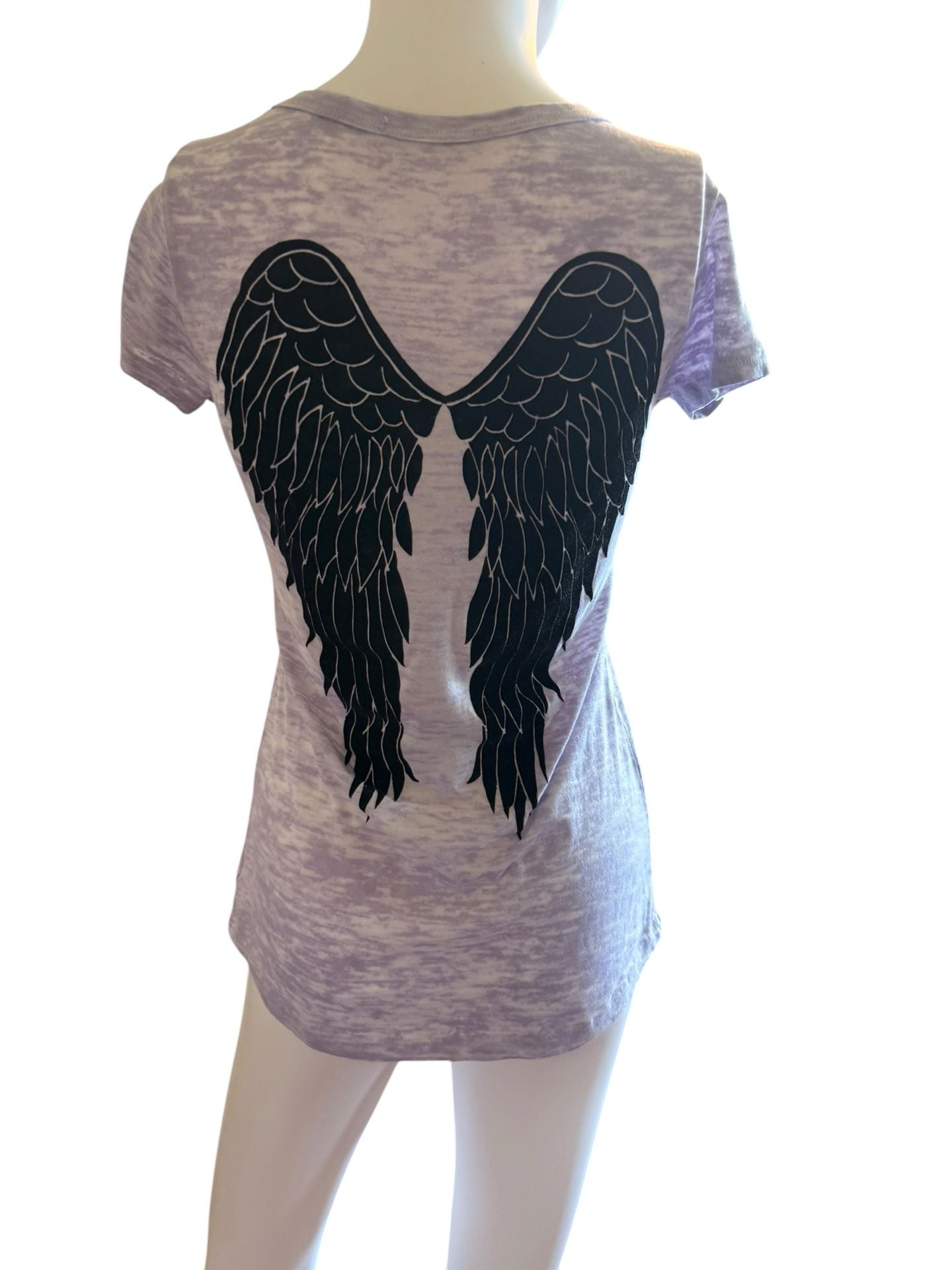 Y2K Lock & Love Cross and Wings Graphic V-Neck T-Shirt Size M Purple 4