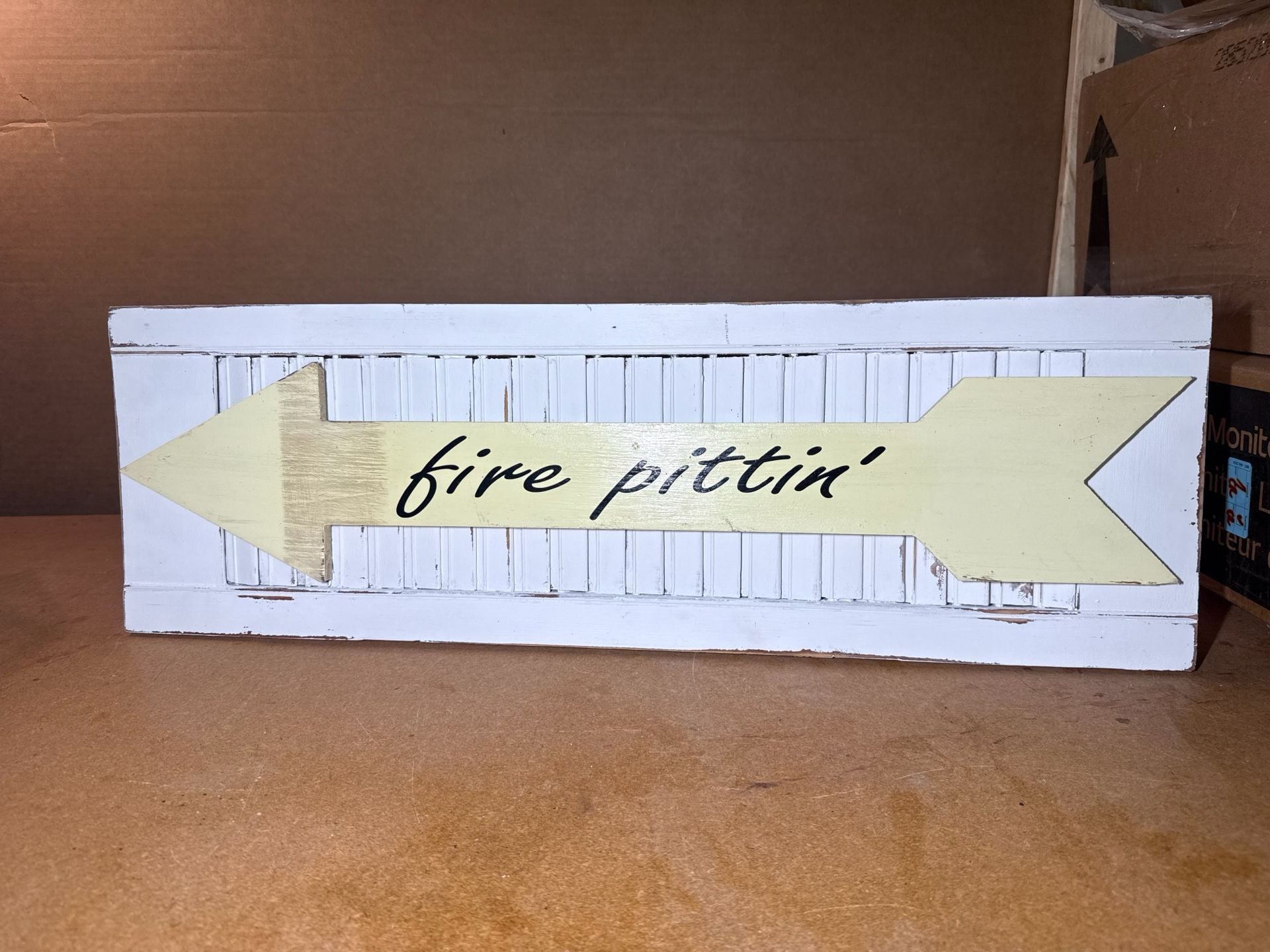 Rustic Shutter Wood Arrow Wall Sign Fire Pittin' Distressed White Yellow 1