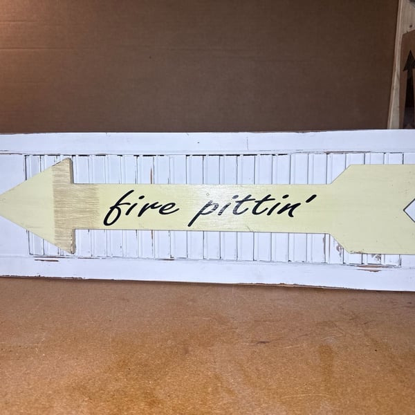 Rustic Shutter Wood Arrow Wall Sign Fire Pittin' Distressed White Yellow