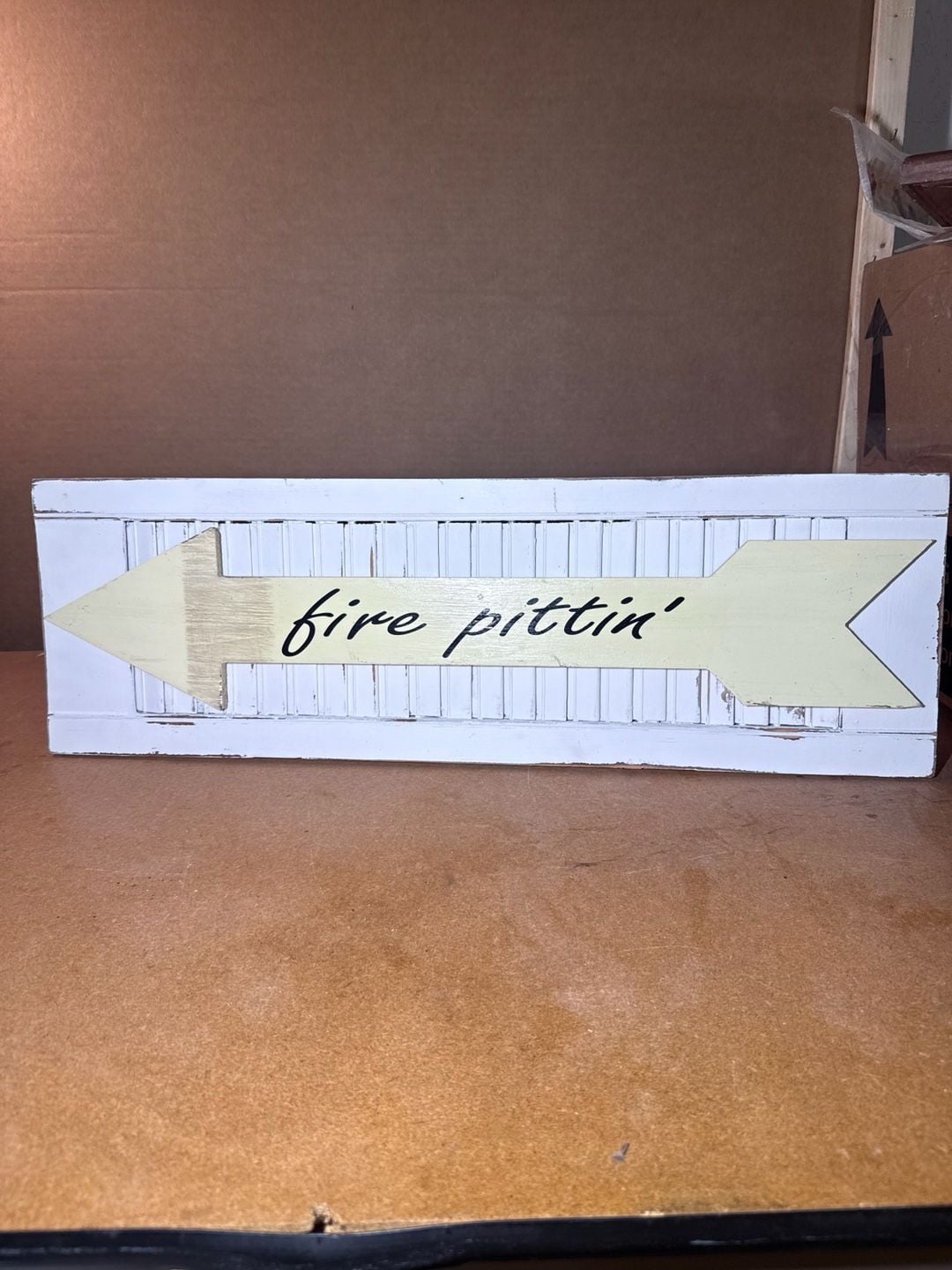 Rustic Shutter Wood Arrow Wall Sign Fire Pittin' Distressed White Yellow 2