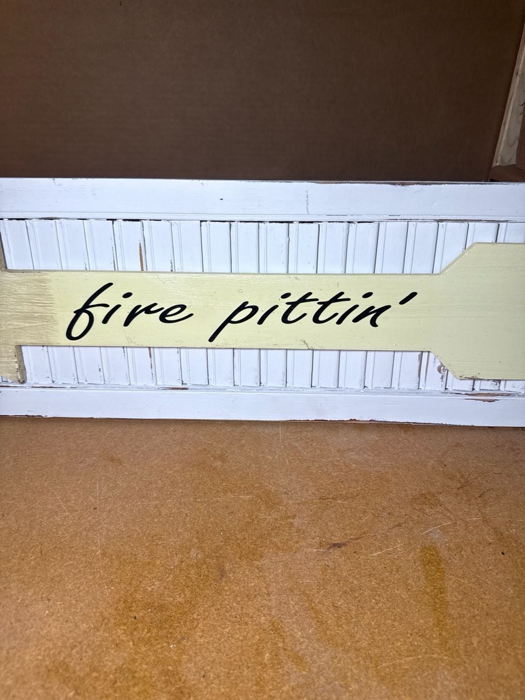 Rustic Shutter Wood Arrow Wall Sign Fire Pittin' Distressed White Yellow 3
