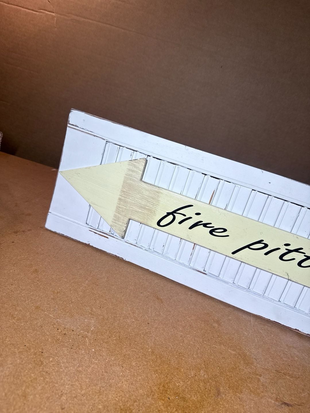 Rustic Shutter Wood Arrow Wall Sign Fire Pittin' Distressed White Yellow 4