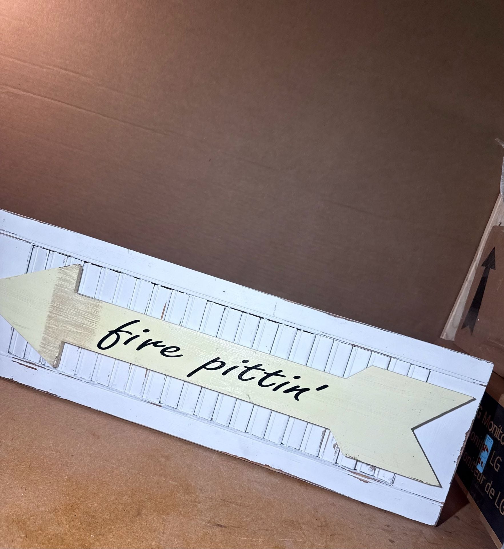 Rustic Shutter Wood Arrow Wall Sign Fire Pittin' Distressed White Yellow 5