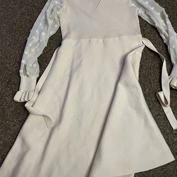 Chicwish Cream Petite Dobby Flare Sleeve Wrap Mini Dress
