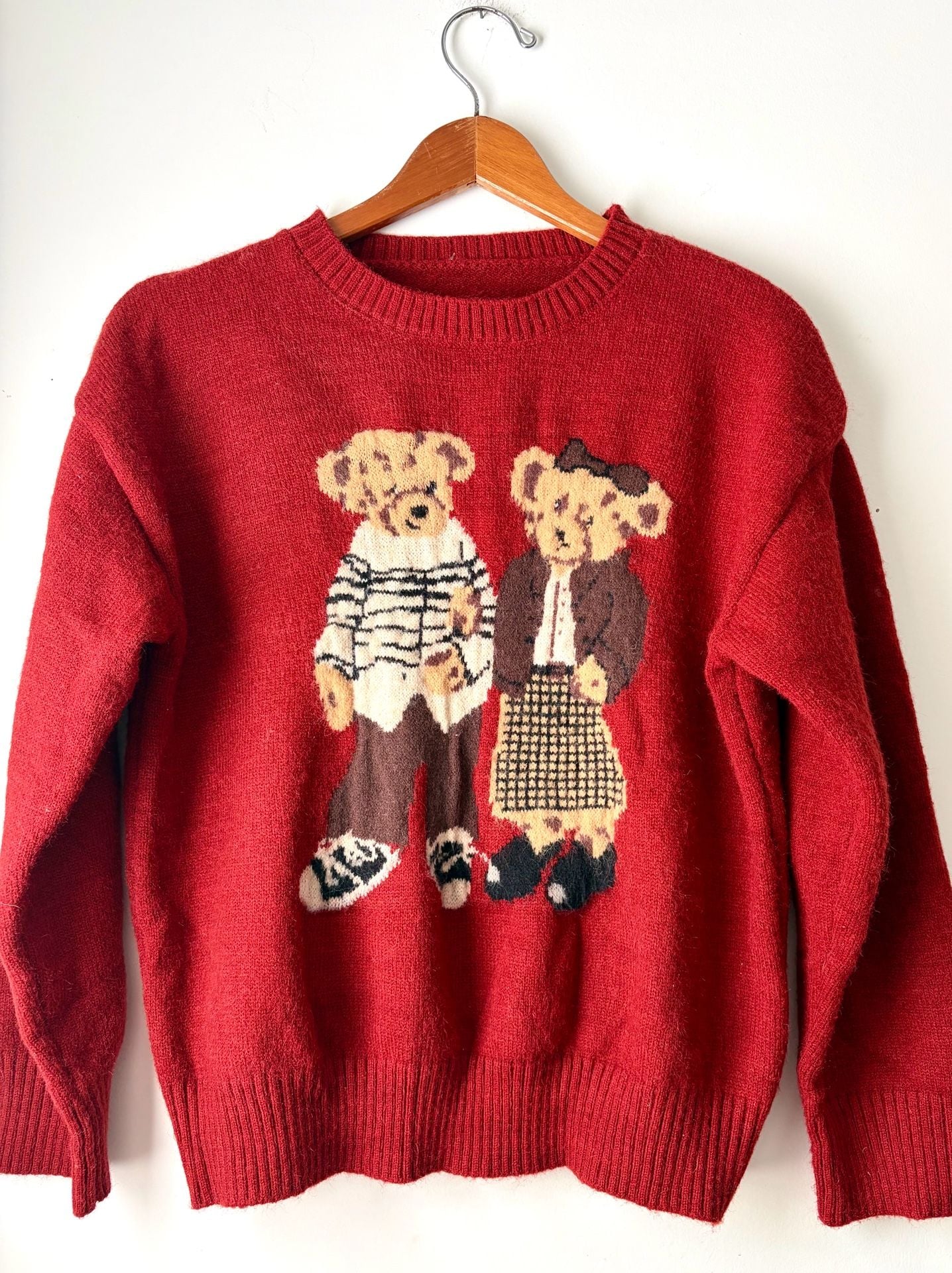 Teddy Bear Couple Red Novelty Knit Sweater Retro Cute Graphic Casual Unisex Style M/L 2