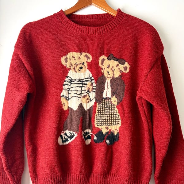 Teddy Bear Couple Red Novelty Knit Sweater Retro Cute Graphic Casual Unisex Style M/L