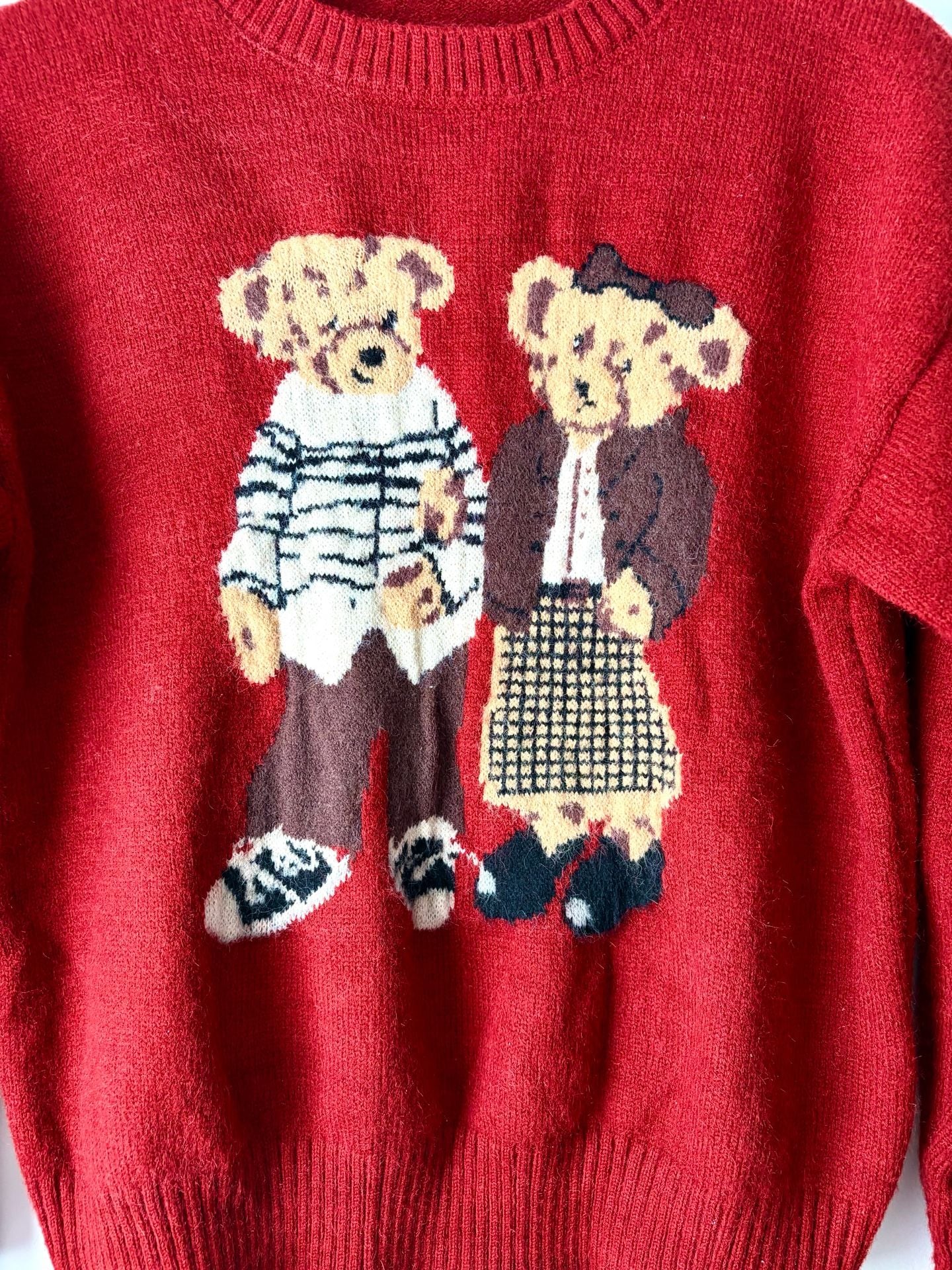 Teddy Bear Couple Red Novelty Knit Sweater Retro Cute Graphic Casual Unisex Style M/L 3