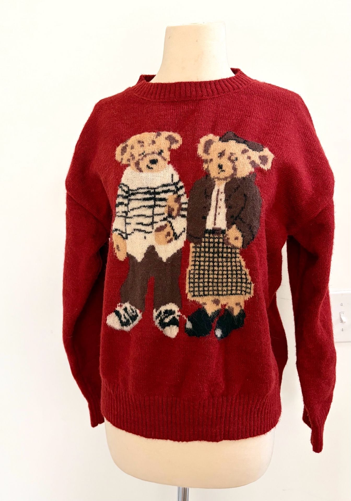 Teddy Bear Couple Red Novelty Knit Sweater Retro Cute Graphic Casual Unisex Style M/L 6