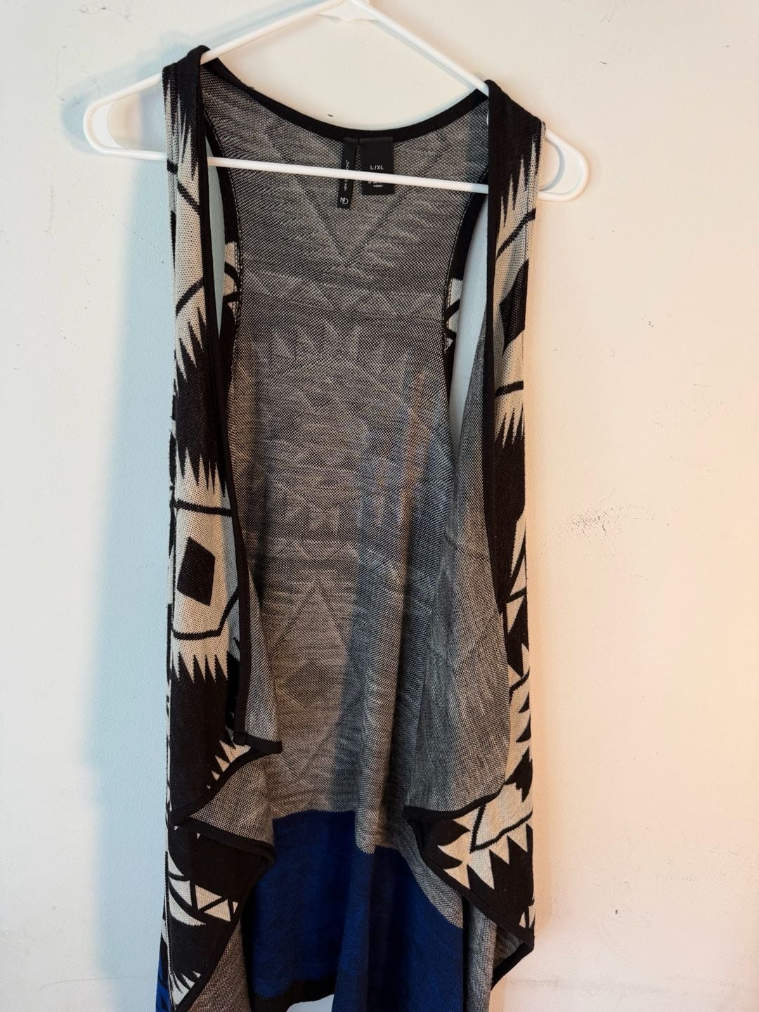 New Directions Duster Vest Size L/XL Black Blue Aztec Open Front 2