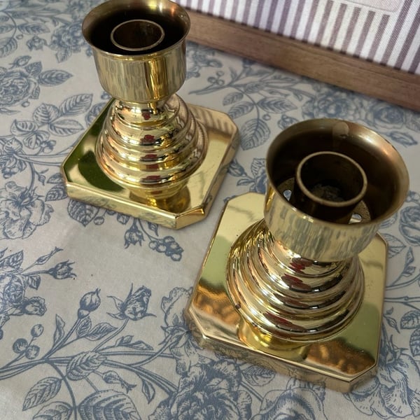 Baldwin Vintage Solid Brass Candlestick Holders Set 2 Octagon Base