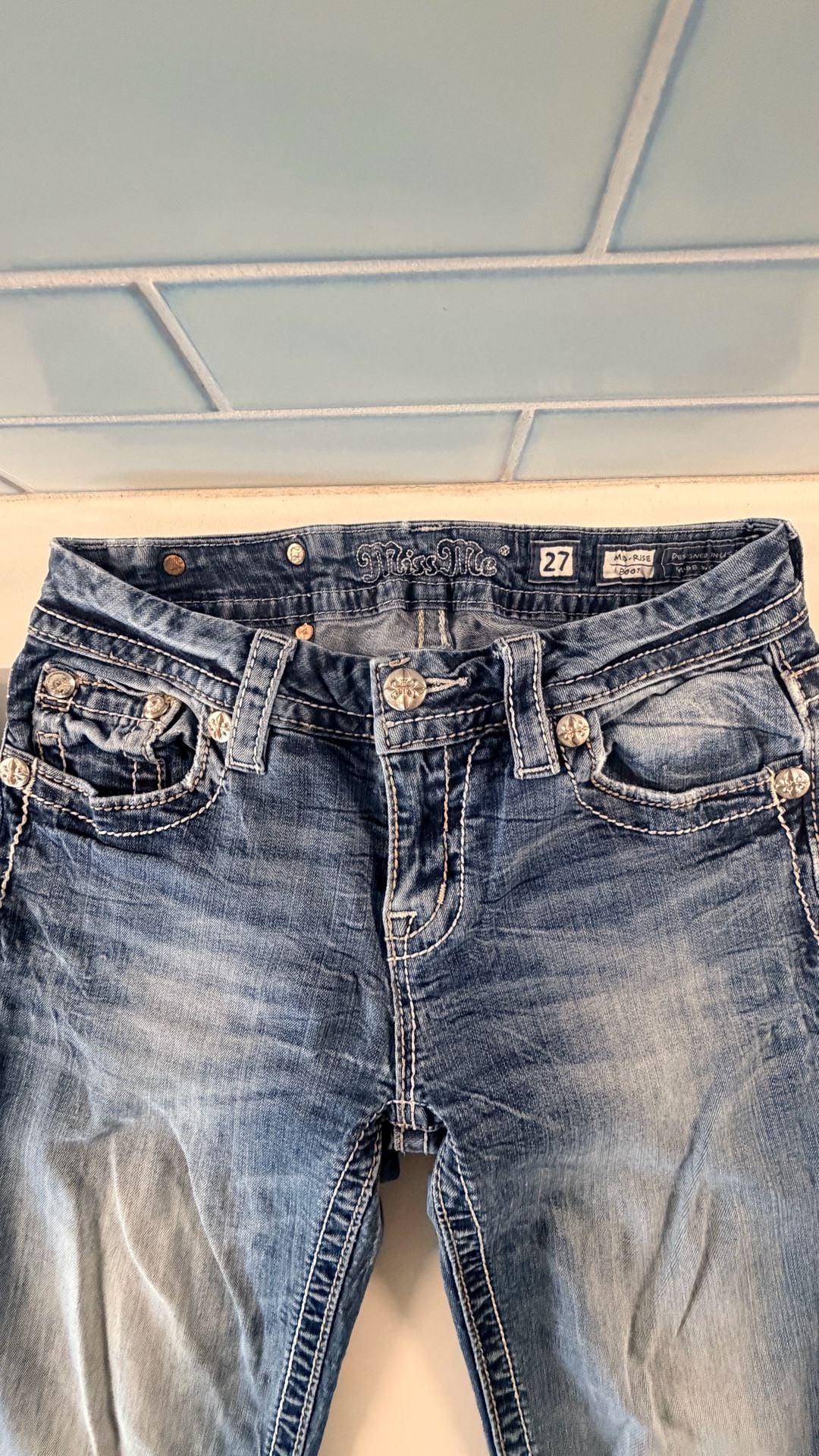 Miss Me Mid-Rise Bootcut Jeans Size 27 Blue Embellished 4