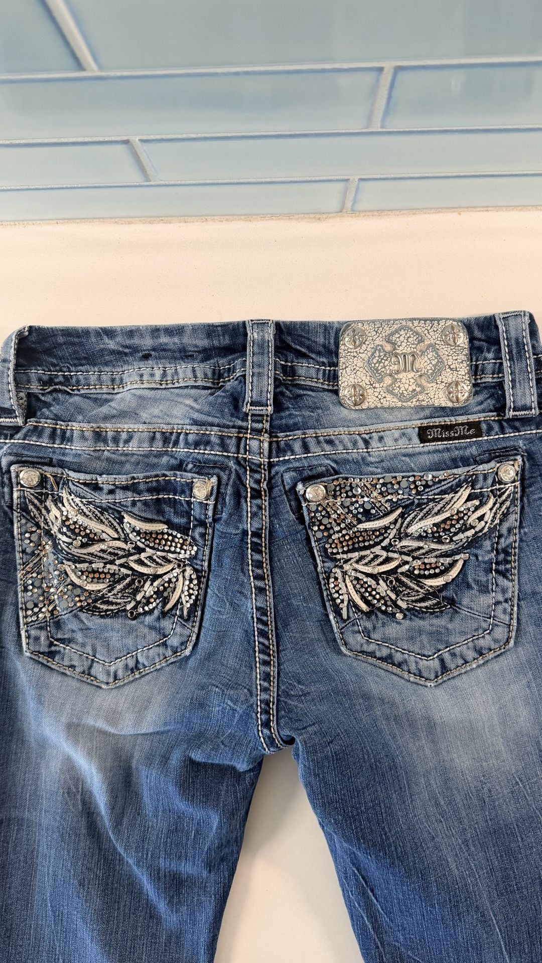 Miss Me Mid-Rise Bootcut Jeans Size 27 Blue Embellished 8