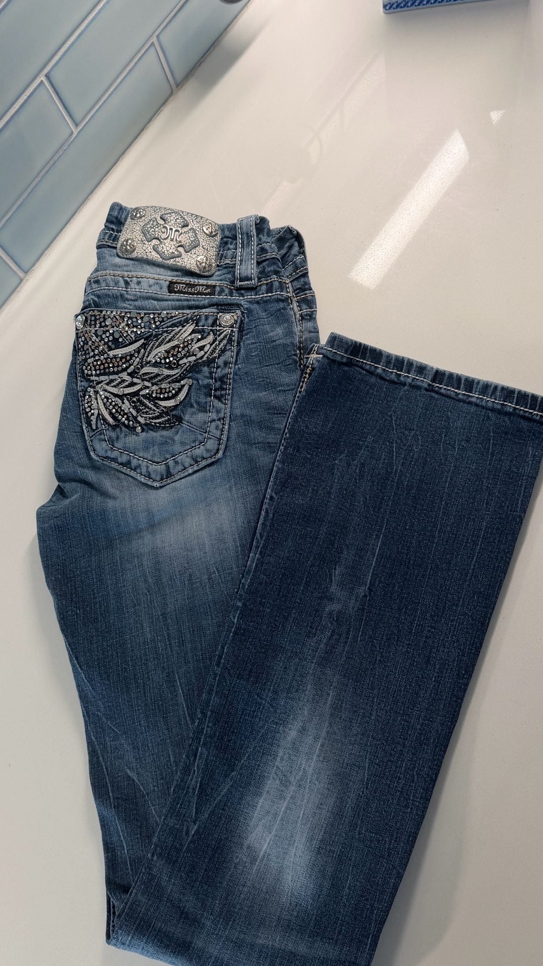 Miss Me Mid-Rise Bootcut Jeans Size 27 Blue Embellished 11