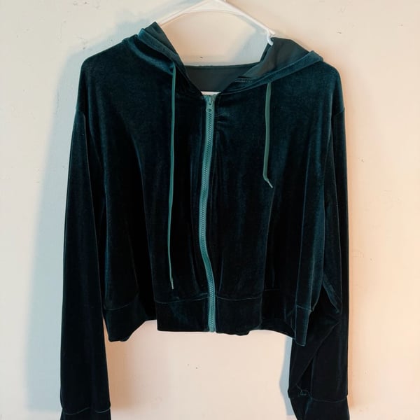 Wild Fable Velvet Cropped Zip Up Hoodie Dark Green