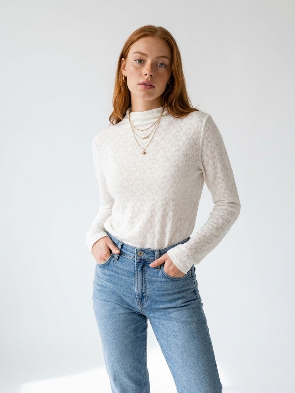 Rag & Bone/Jean White Jacquard Mock Neck Long Sleeve Top Size M 2