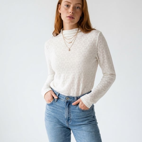 Rag & Bone/Jean White Jacquard Mock Neck Long Sleeve Top Size M